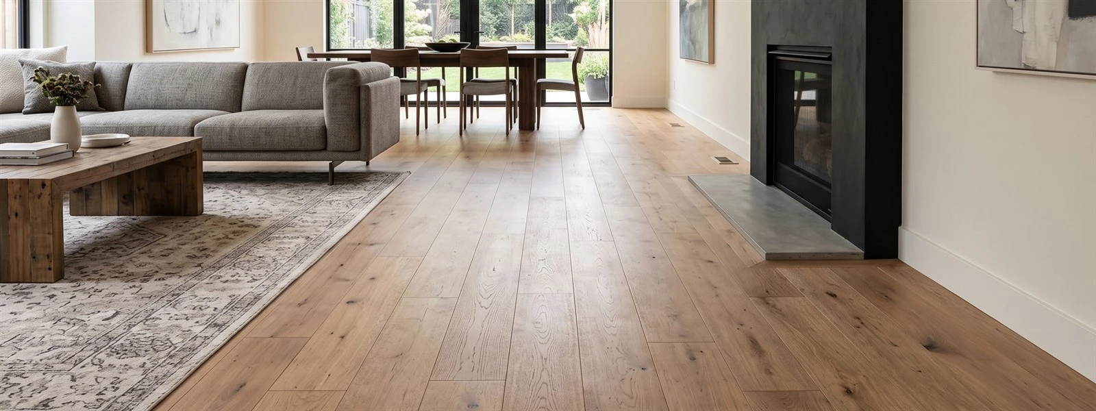 Engineered wood flooring installed in a premium residential or commercial interior Engineered wood flooring installed in a premium residential or commercial interior